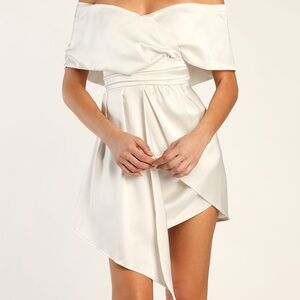 Always Celebrating Ivory Satin Off-the-Shoulder Mini Dress